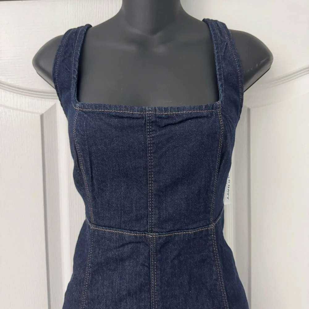 Denim dark blue wash fit and flare square neck midi dress NWT Small - Picture 4 of 7